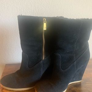 Coach Danee Black Suede Leather Faux Fur Lined Wedge Boots size 6.5